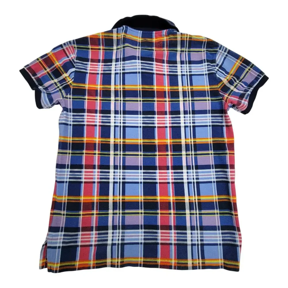 Polo Ralph Lauren Mens Small Blue Plaid Madras Custom Fit Pique Polo Shirt